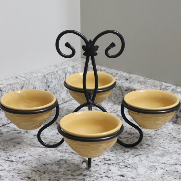 Longaberger Dessert Bowls with Wrought Iron Caddy Server Stand Butternut Yellow - Picture 2 of 8